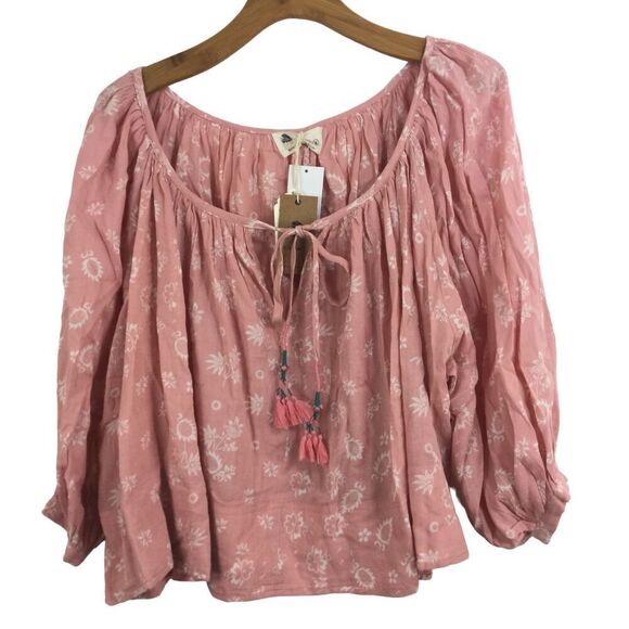 Kopal Khar Luma Peasant Puff Sleeve Boho Blouse Top Pink Ditsy Size Medium NWT - Picture 1 of 7